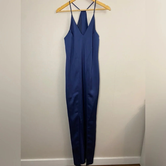 🏷️ NWT Halston Heritage Mesh Back V-Neck Satin Slip Evening Gown - Picture 9 of 13